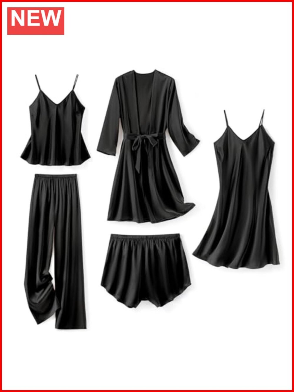5 Piece Satin Pajama Set for Women- Silky Sleepwear w Robe, Cami, Shorts & Pants